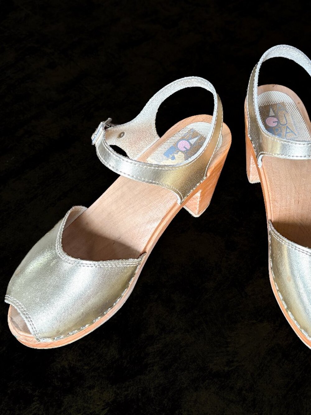 Maguba Gold Bologna Peep Toe Heeled Wood Clog Sz 38